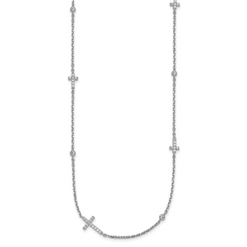 Sterling Silver Rhodium-plated Polished Three CZ Crosses and 3 Round CZ Stations 15 inch with 1.5 inch Extender Necklace — alternate view