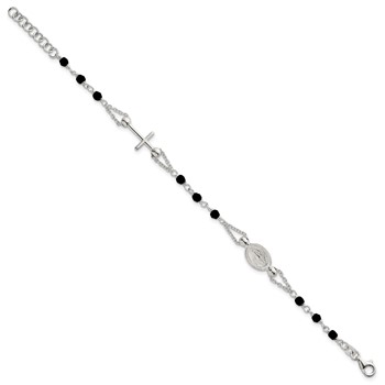 Sterling Silver Polished Beaded Black Glass 6.5 inch with 1 inch Extension Rosary-Design Bracelet — alternate view