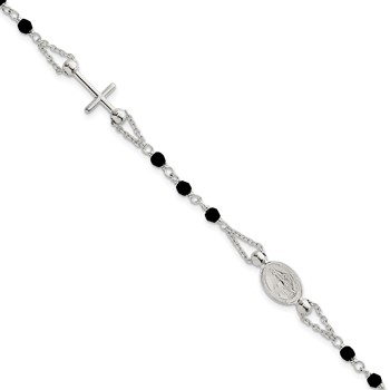 Sterling Silver Polished Beaded Black Glass 6.5 inch with 1 inch Extension Rosary-Design Bracelet