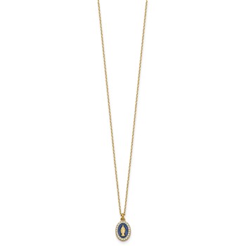Sterling Silver Gold-plated CZ and Blue Enamel Miraculous Medal 15.75 inch with 2 inch extender Necklace — alternate view