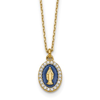 Sterling Silver Gold-plated CZ and Blue Enamel Miraculous Medal 15.75 inch with 2 inch extender Necklace