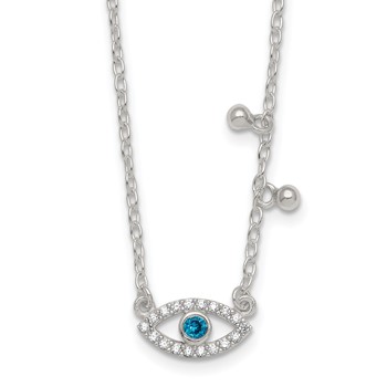 Sterling Silver Polished Blue and White CZ Eye with Beads 16 inch with 2 inch Extension Necklace