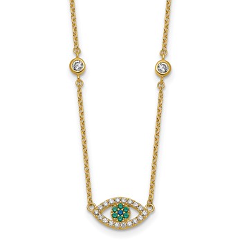 Sterling Silver Gold-tone Polished CZ and Blue and Green Nano Crystal Eye 16 inch with 2 inch Extension Necklace