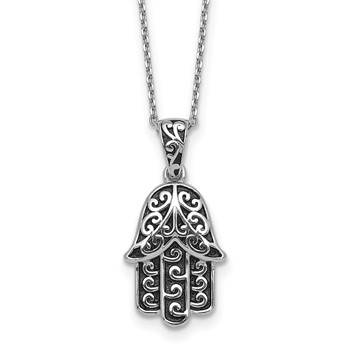 Sterling Silver Rhodium-plated Polished and Oxidized Filigree Hamsa 18 Inch Necklace