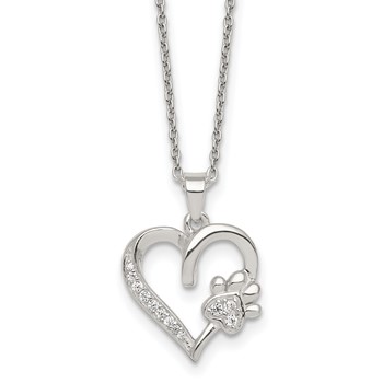 Sterling Silver Polished White CZ Heart and Paw Print 16 inch Necklace