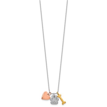 Sterling Silver Rose and Yellow Gold-plated Polished CZ Pawprint Heart and Bone 16 Inch with 2 Inch Extension Necklace — alternate view