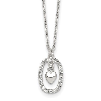 Sterling Silver Polished White CZ Oval with Dangle Heart 16 inch Necklace