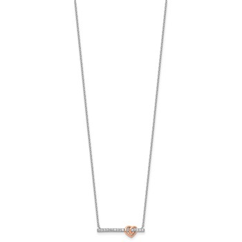 Sterling Silver Rhodium-plated and Rose-tone Polished CZ Heart Bar 16 Inch with 2 Inch Extension Necklace — alternate view