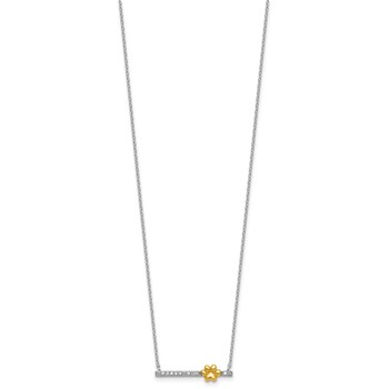 Sterling Silver Rhodium-plated and Gold-tone Polished CZ Pawprint Bar 16 Inch with 2 Inch Extension Necklace — alternate view
