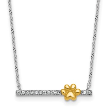 Sterling Silver Rhodium-plated and Gold-tone Polished CZ Pawprint Bar 16 Inch with 2 Inch Extension Necklace
