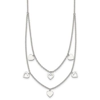 Sterling Silver Polished Double Strand Heart Station 15.75 inch Necklace