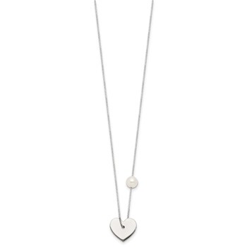 Sterling Silver Polished Heart and Glass Pearl 16 inch Necklace — alternate view