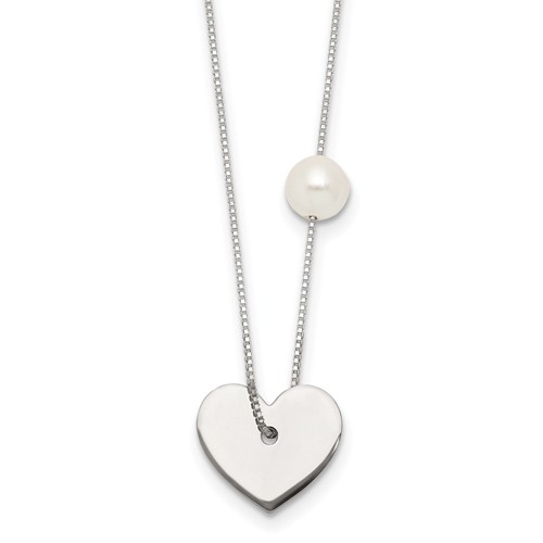 Sterling Silver Polished Glass Pearl Heart Necklace
