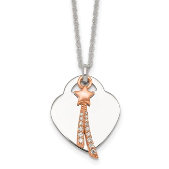 Sterling Silver with Rose-tone Polished White CZ Heart and Shooting Star Dangle 16 inch Necklace