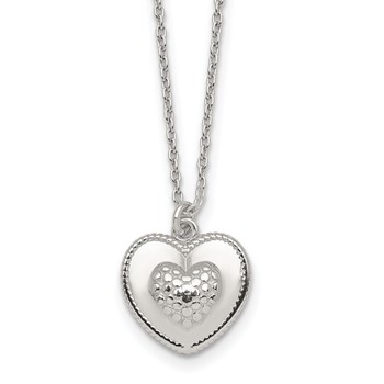 Sterling Silver Polished and Textured Heart 16 inch with 2 inch Extension Necklace