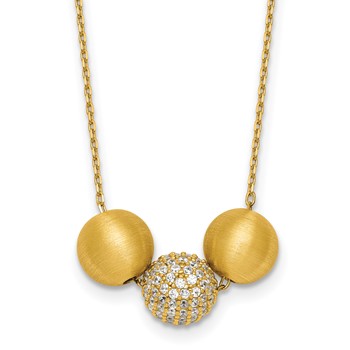 Sterling Silver Gold-Tone Polished and Brushed CZ Beads 16 Inch with 2 Inch Extension Necklace