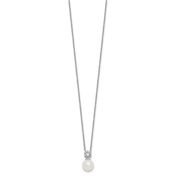 Sterling Silver Rhodium-plated Polished CZ and 7-8mm Shell Pearl 15.5 inch with 2 inch Extender Necklace — alternate view