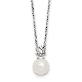 Sterling Silver Rhodium-plated Polished CZ and 7-8mm Shell Pearl 15.5 inch with 2 inch Extender Necklace