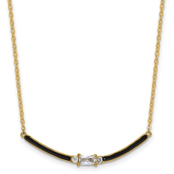 Sterling Silver Gold-tone Polished Black Enameled and CZ Curved Bar 16 Inch with 2 Inch Extension Necklace