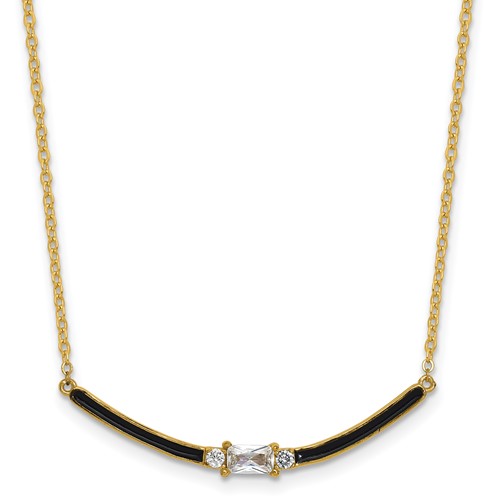 Sterling Silver Gold-tone Black Enameled and CZ 16in w/ 2in Ext Necklace