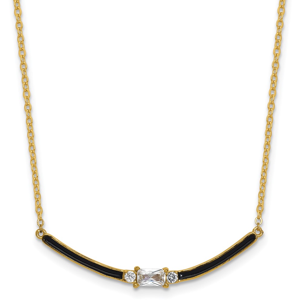 Sterling Silver Gold-tone Black Enameled and CZ 16in w/ 2in Ext Necklace