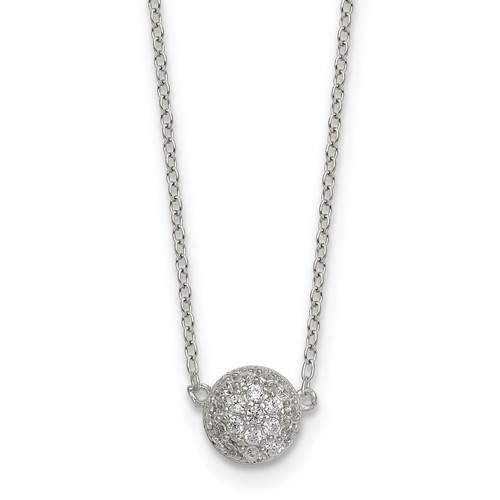 Sterling Silver Polished 7.0mm Pave CZ Circle 16in w/ 2in Ext Necklace
