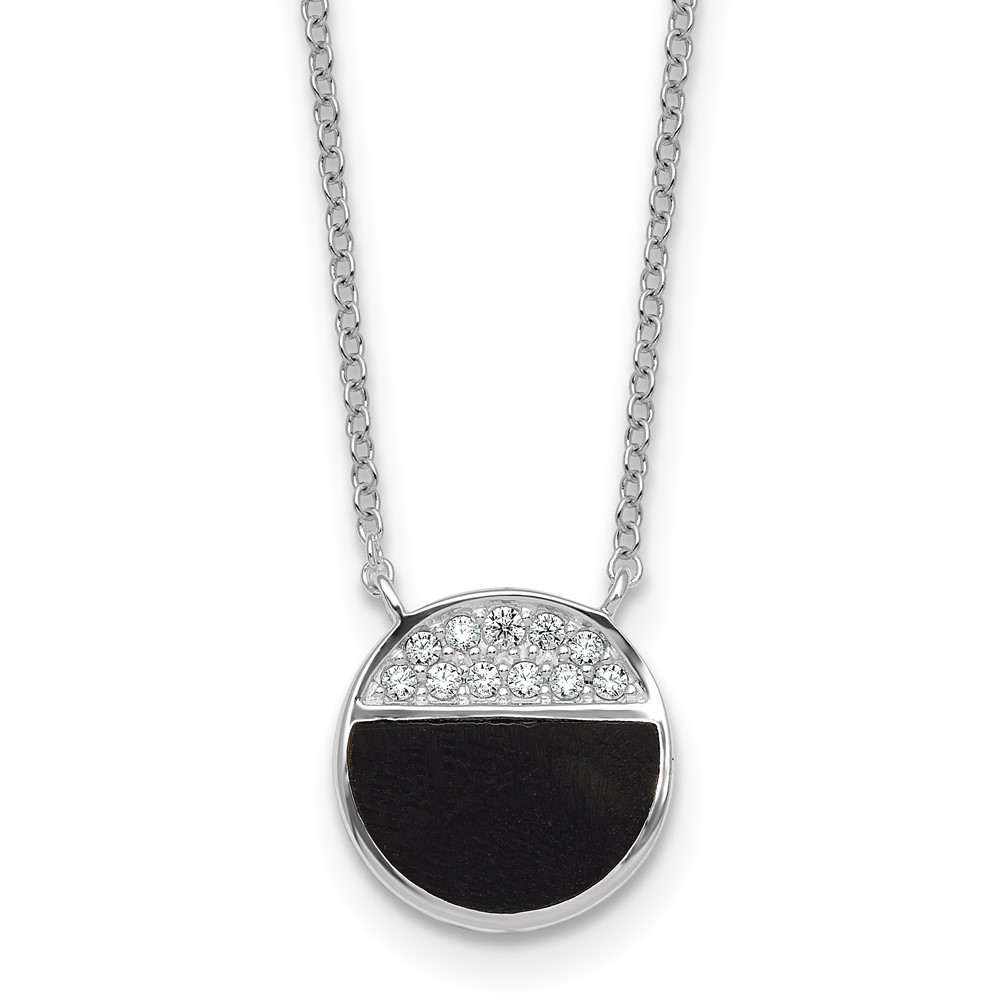 SSilver RH-pltd Polished Black Onyx CZ Circle 16in w/2in Ext Necklace