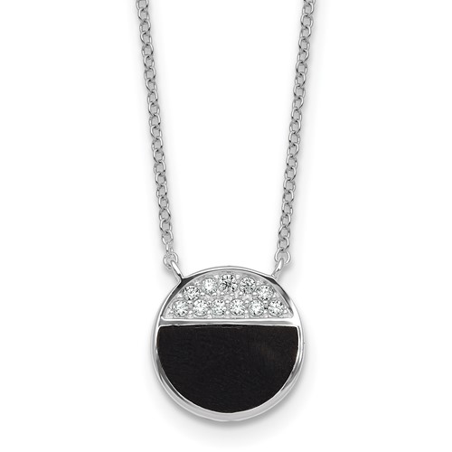 SSilver RH-pltd Polished Black Onyx CZ Circle 16in w/2in Ext Necklace