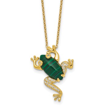 Sterling Silver Gold-tone CZ and Lab Created Malachite Frog 18 inch Necklace