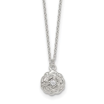 Sterling Silver Polished CZ Flower 16 Inch with 2 Inch Extension Necklace