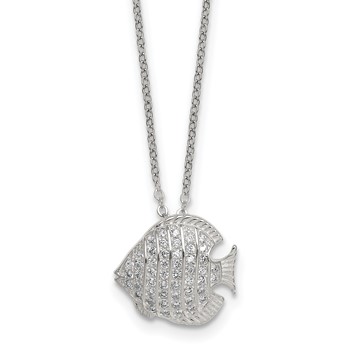 Sterling Silver Polished and Grooved CZ Fish 16 Inch with 2 Inch Extension Necklace