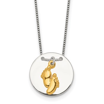 Sterling Silver with Gold-tone Polished Footprint Dangle on Disc 16 inch Necklace
