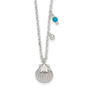 Sterling Silver Polished Beaded Turquoise and Grooved Seashell 16 inch with 2 inch Extension Necklace