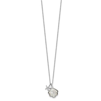 Sterling Silver Rhodium-plated Polished Mother of Pearl Shell and CZ Starfish 16 Inch with 2 Inch Extension Necklace — alternate view