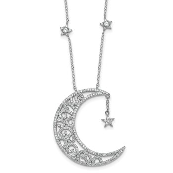 Sterling Silver Rhodium-plated Polished CZ Filigree Moon and Stars 18 Inch Necklace
