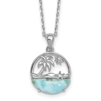 Sterling Silver Rhodium-plated Polished Larimar Beach Scene 16 Inch with 1.75 Inch Extension Necklace