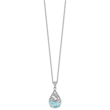 Sterling Silver Rhodium-plated Polished Larimar Dolphin Teardrop 16 Inch with 2 Inch Extension Necklace — alternate view