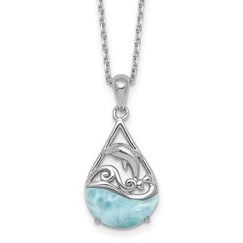 Sterling Silver Rhodium-plated Polished Larimar Dolphin Teardrop 16 Inch with 2 Inch Extension Necklace