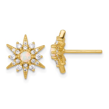 Sterling Silver Gold-Tone Polished Lab Created Opal and CZ Starburst Post Earrings