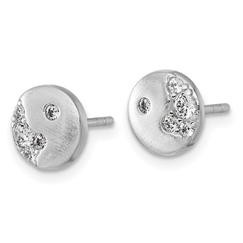Sterling Silver Rhodium-plated Brushed CZ Circle Post Earrings — alternate view