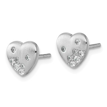 Sterling Silver Rhodium-plated Brushed CZ Heart Post Earrings — alternate view