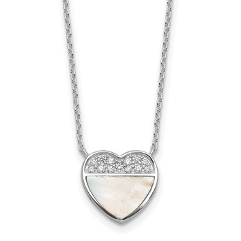 Sterling Silver Rhodium-plated Polished Mother of Pearl and CZ Heart 16 inch with 2 inch Extender Necklace