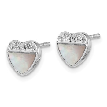 Sterling Silver Rhodium-plated Polished Mother of Pearl and CZ Heart Post Earrings — alternate view