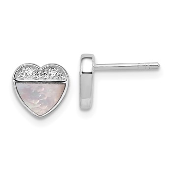 Sterling Silver Rhodium-plated Polished Mother of Pearl and CZ Heart Post Earrings