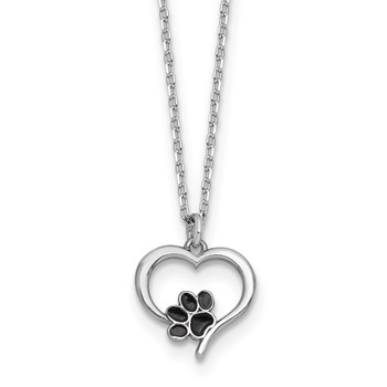 Sterling Silver Rhodium-plated Heart with Black Enameled Paw Print 16 inch with 1.5 inch Extension Necklace