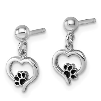 Sterling Silver Rhodium-plated Heart with Black Enameled Paw Print Post Dangle Earrings — alternate view