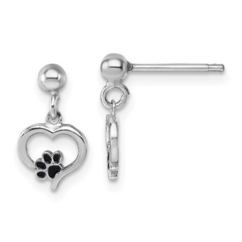 Sterling Silver Rhodium-plated Heart with Black Enameled Paw Print Post Dangle Earrings