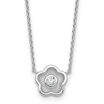 Sterling Silver Rhodium-plated Polished Textured CZ Flower 18 Inch Necklace