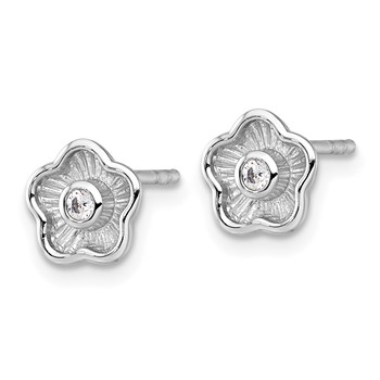 Sterling Silver Rhodium-plated Polished Textured CZ Flower Post Earrings — alternate view