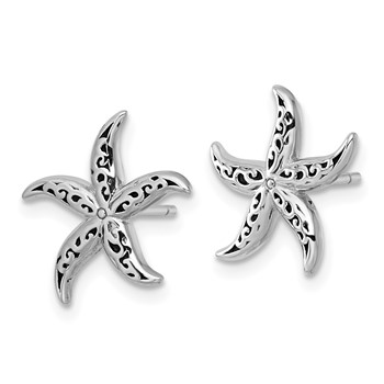 Sterling Silver Rhodium-plated Polished and Oxidized Filigree Starfish Post Earrings — alternate view